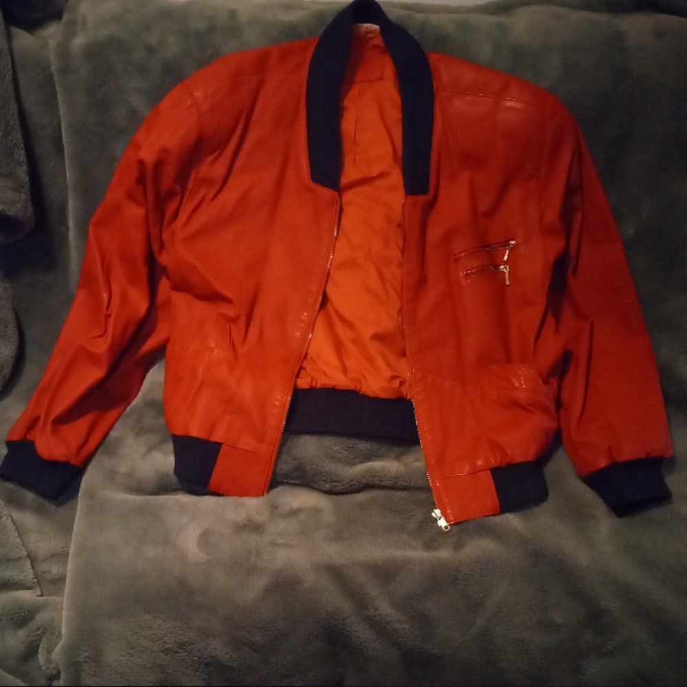80's Retro Genuine Leather, Red Cropped Bomber Jacket